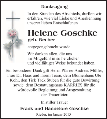Traueranzeige von Helene Goschke von WVG - Wochenspiegel Quedlinburg