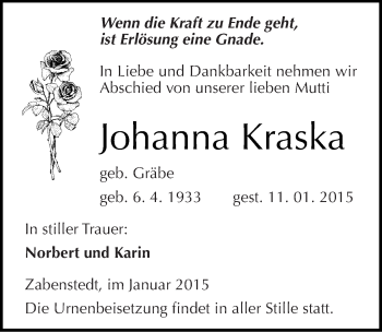 Traueranzeige von Johanna Kraska von Mitteldeutsche Zeitung Mansfelder Land
