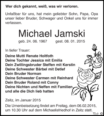 Traueranzeige von Michael Jamski von Super Sonntag Zeitz