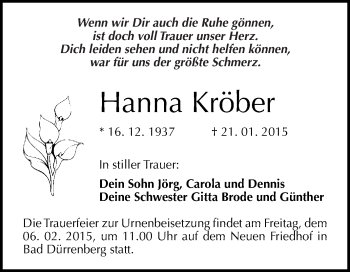 Traueranzeige von Hanna Kröber von WVG - Wochenspiegel Merseburg