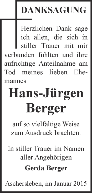 Traueranzeige von Hans-Jürgen Berger von Super Sonntag Aschersleben