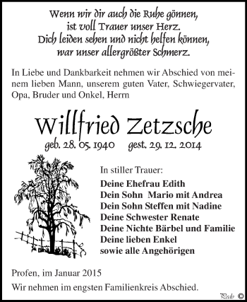 Traueranzeige von Willfried Zetzsche von Super Sonntag Zeitz