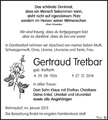 Traueranzeige von Gertraud Tretbar von Super Sonntag Zeitz