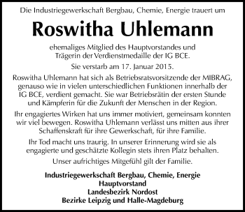 Traueranzeige von Roswitha Uhlemann von Mitteldeutsche Zeitung