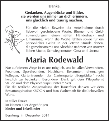 Traueranzeige von Maria Rodewald von Super Sonntag Bernburg