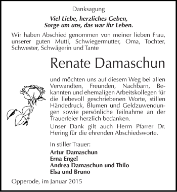 Traueranzeige von Renate Damaschun von Mitteldeutsche Zeitung Quedlinburg