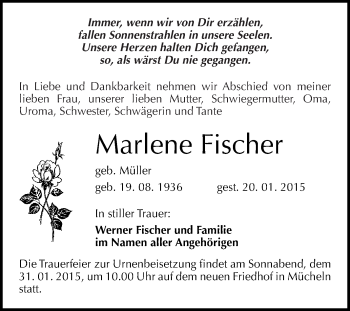 Traueranzeige von Marlene Fischer von WVG - Wochenspiegel Merseburg