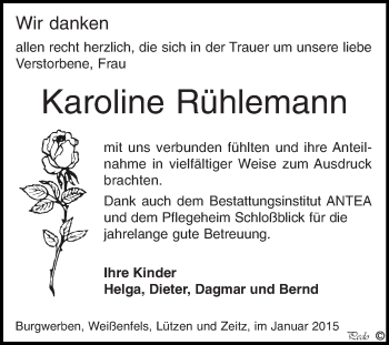 Traueranzeige von Karoline Rühlemann von WVG - Wochenspiegel NMB / WSF / ZTZ