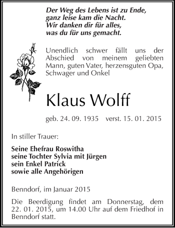 Traueranzeige von Klaus Wolff von Mitteldeutsche Zeitung Mansfelder Land