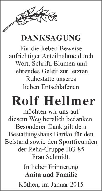 Traueranzeige von Rolf Hellmer von WVG - Wochenspiegel Dessau / Köthen