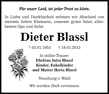 Traueranzeige von Dieter Blassl von Mitteldeutsche Zeitung Bernburg