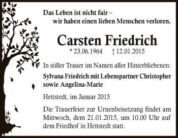 Traueranzeige von Carsten Friedrich von Super Sonntag SGH Mansf. Land