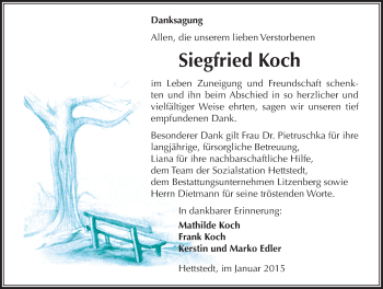 Traueranzeige von Siegfried Koch von Mitteldeutsche Zeitung Mansfelder Land