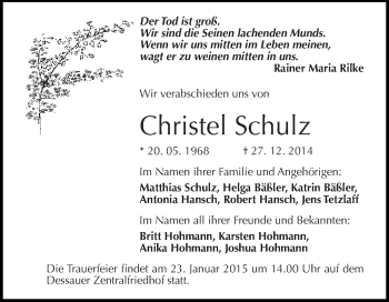 Traueranzeige von Christel Schulz von WVG - Wochenspiegel Dessau / Köthen