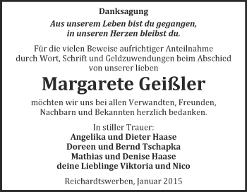 Traueranzeige von Margarete Geißler von WVG - Wochenspiegel NMB / WSF / ZTZ