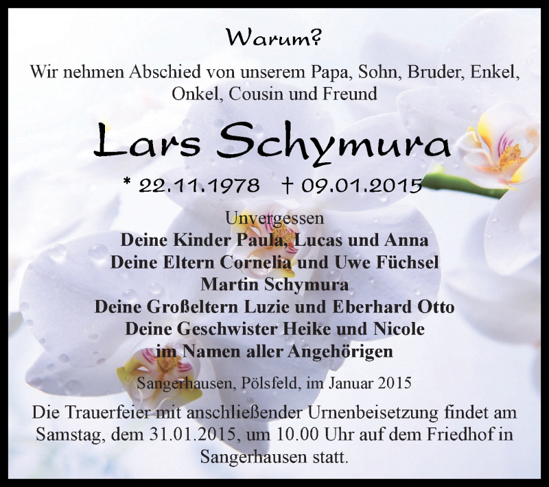  Traueranzeige für Lars Schymura vom 25.01.2015 aus Super Sonntag SGH Mansf. Land