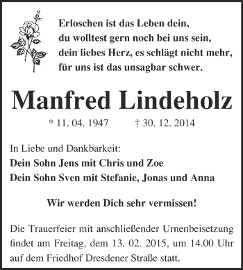 Traueranzeige von Manfred Lindeholz von Super Sonntag Wittenberg