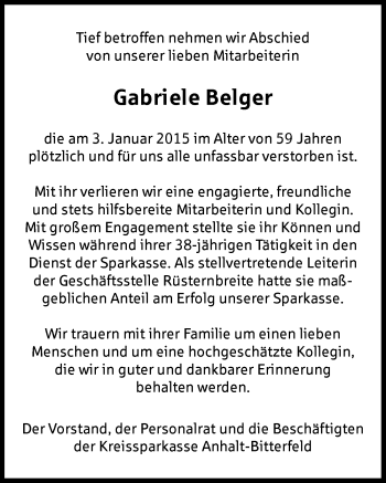 Traueranzeige von Gabriele Belger von Mitteldeutsche Zeitung Köthen