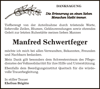 Traueranzeige von Manfred Schwertfeger von WVG - Wochenspiegel Dessau / Köthen