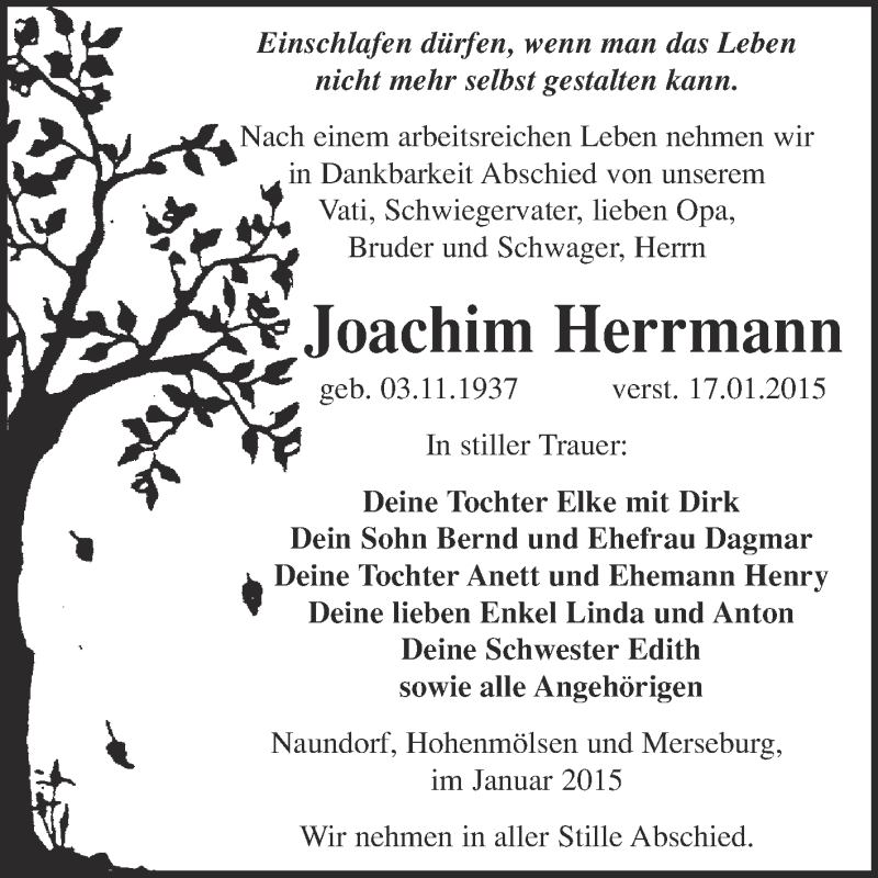  Traueranzeige für Roswitha Herrmann vom 28.01.2015 aus WVG - Wochenspiegel NMB / WSF / ZTZ
