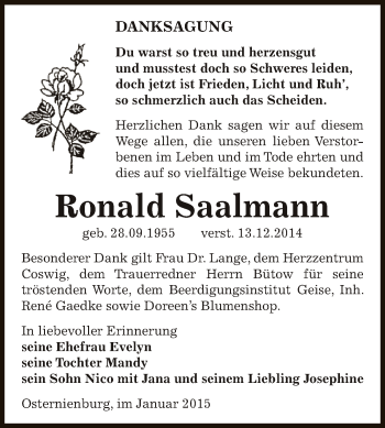 Traueranzeige von Ronald Saalmann von WVG - Wochenspiegel Dessau / Köthen