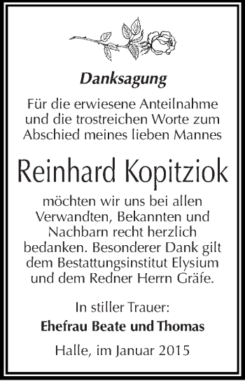 Traueranzeige von Reinhard Kopitziok von Mitteldeutsche Zeitung Halle/Saalkreis