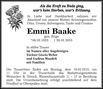 Traueranzeige von Emmi Baake von Mitteldeutsche Zeitung Bernburg