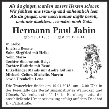 Traueranzeige von Hermann Paul Jabin von Super Sonntag Bernburg
