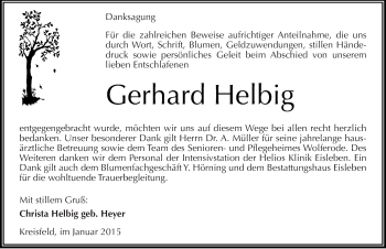Traueranzeige von Gerhard Helbig von Mitteldeutsche Zeitung Mansfelder Land