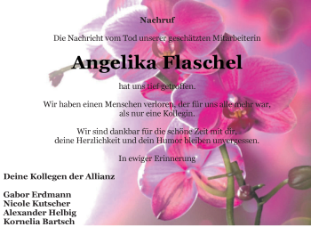 Traueranzeige von Angelika Flaschel von WVG - Wochenspiegel Dessau / Köthen