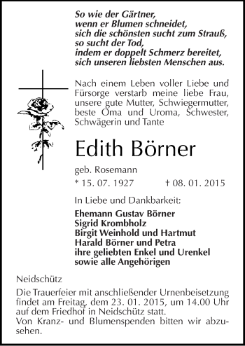 Traueranzeige von Edith Börner von Mitteldeutsche Zeitung Naumburg/Nebra