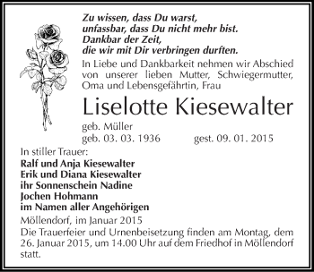 Traueranzeige von Liselotte Kiesewalter von Mitteldeutsche Zeitung Mansfelder Land