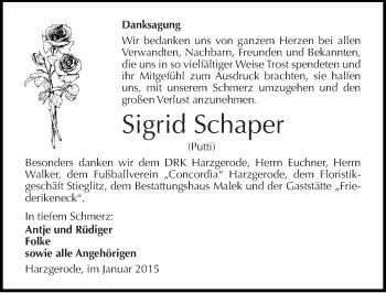 Traueranzeige von Sigrid Schaper von Mitteldeutsche Zeitung Quedlinburg