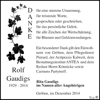 Traueranzeige von Rolf Gaudigs von WVG - Wochenspiegel NMB / WSF / ZTZ