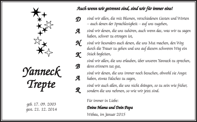  Traueranzeige für Yanneck Trepte vom 21.01.2015 aus WVG - Wochenspiegel NMB / WSF / ZTZ