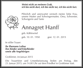 Traueranzeige von Annagret Hanff von Mitteldeutsche Zeitung Mansfelder Land