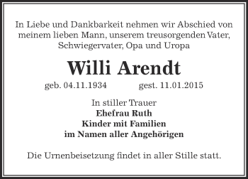 Traueranzeige von Willi Arendt von Super Sonntag Bernburg