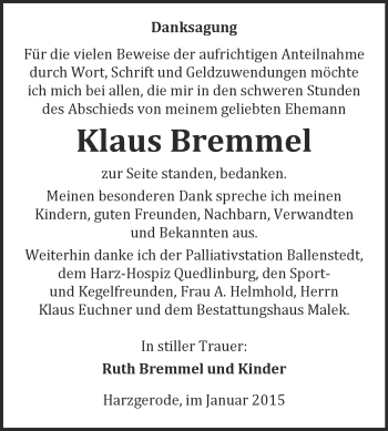 Traueranzeige von Klaus Bremmel von WVG - Wochenspiegel Quedlinburg