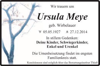 Traueranzeige von Ursula Meye von Super Sonntag Quedlinburg