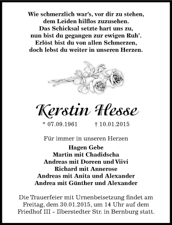 Traueranzeige von Kerstin Hesse von Mitteldeutsche Zeitung Bernburg