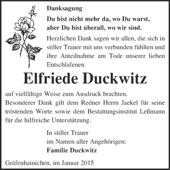 Traueranzeige von Elfriede Duckwitz von WVG - Wochenspiegel Wittenberg