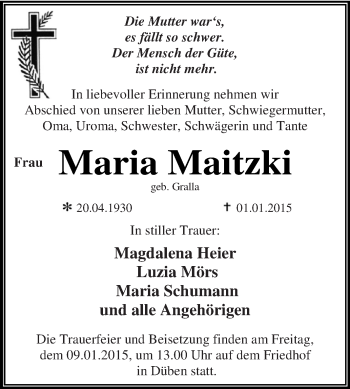 Traueranzeige von Maria Schumann von WVG - Wochenspiegel Dessau / Köthen