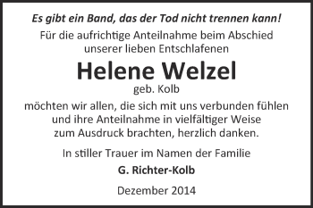 Traueranzeige von Helene Welzel von Super Sonntag Wittenberg
