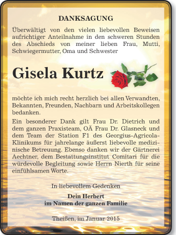 Traueranzeige von Gisela Kurtz von Super Sonntag Zeitz