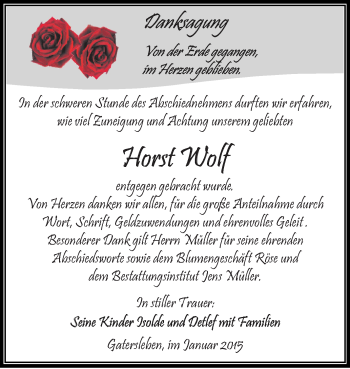 Traueranzeige von Horst Wolf von Super Sonntag Aschersleben