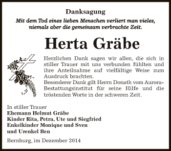 Traueranzeige von Herta Gräbe von Super Sonntag Bernburg