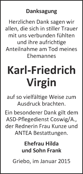 Traueranzeige von Karl-Friedrich Virgin von Super Sonntag Wittenberg