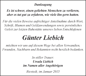Traueranzeige von Günter Liebich von Super Sonntag SGH Mansf. Land