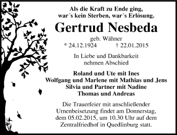 Traueranzeige von Gertrud Nesbeda von Mitteldeutsche Zeitung Quedlinburg