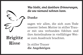 Traueranzeige von Brigitte Risse von Super Sonntag Bernburg